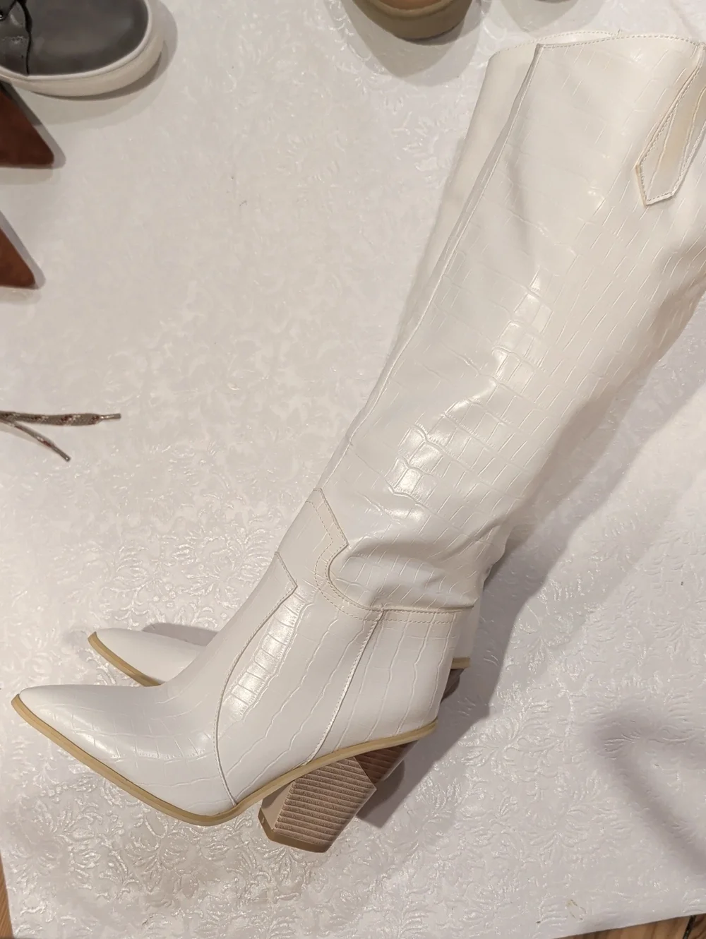 White Croc-Embossed Over-the-Knee Pointed Boots